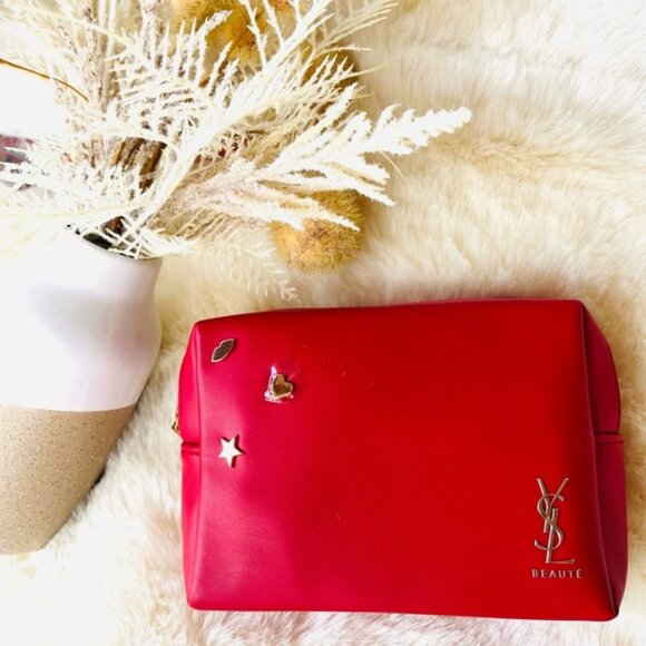 Yves Saint Laurent YSL Beaute Red Leather Embellished Cosmetic Pouch Travel Bag - Picture 2 of 11